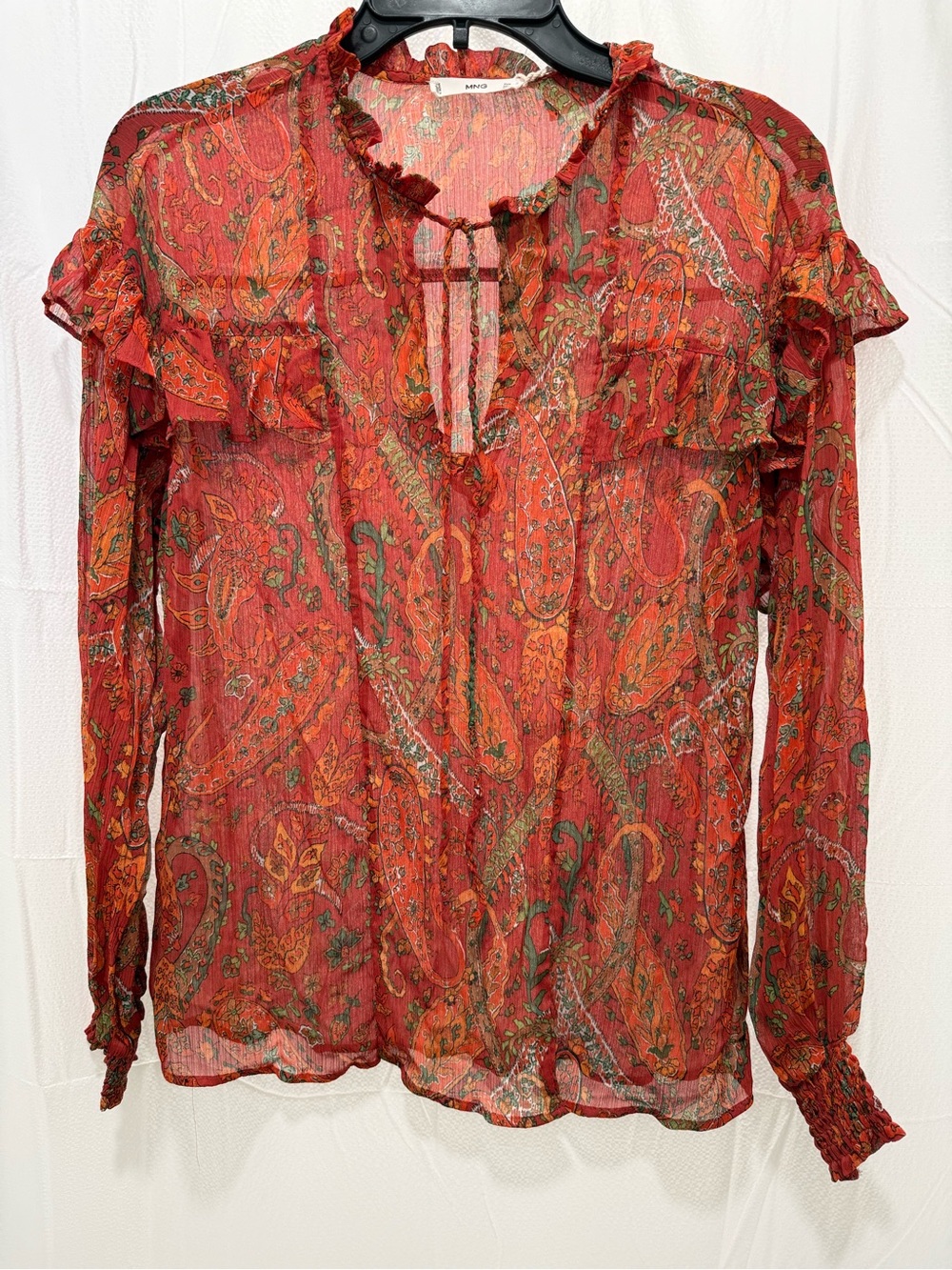 MNG Sheer Red Paisley Ruffle Tie-Neck Blouse
Western